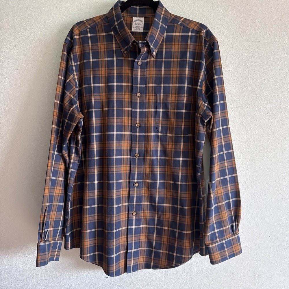 Brooks Brothers Regent Fit Shirt Mens Large Brown Navy‎ Plaid Non-Iron Stretch